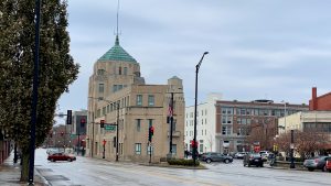 The Champaign City Building figures prominently in this view of downtown Champaign, as seen from University Avenue.