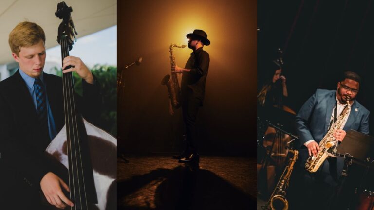 Three photos comprise the image. On the left, a white man in a suit and tie plays an upright bass. In the middle, a man in a fedora is silhouetted in profile, playing the tenor saxophone. On the right, a Black man wears a blazer and plays the alto saxophone.