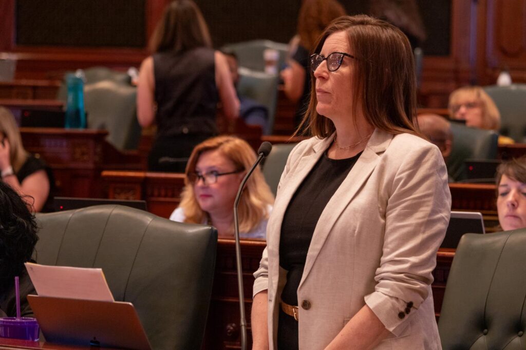 Rep. Ann Williams standing during a debate. 