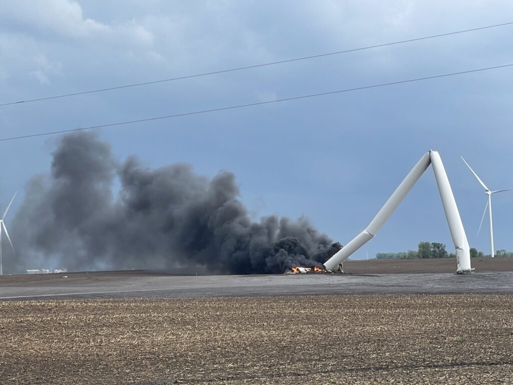 Storm damaged wind turbine on fire in Iowa