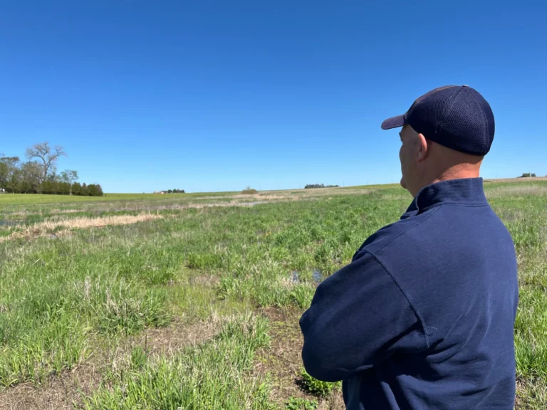 Farmer Mark Mueller looks over a field he’s turning back into native wetlands.