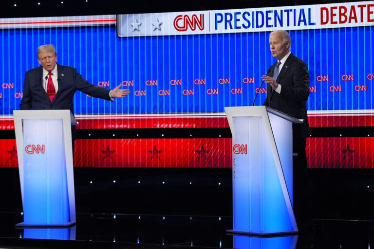 Donald Trump and Joe Biden debate on a CNN stage