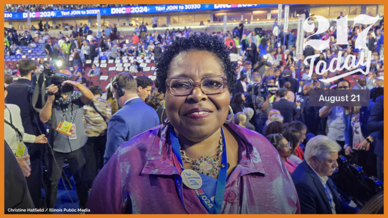 A woman in a purple shirt with glasses smiles at the camera while standing in the United Center for the Democratic National Convention.