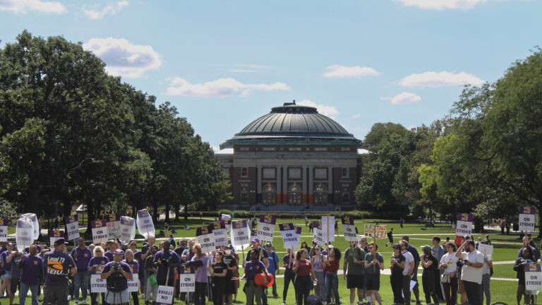 At least 50 people hold "On Strike" signs and listen to a speaker. Many wear purple "SEIU" shirts. They stand on a lawn in front of a domed building.