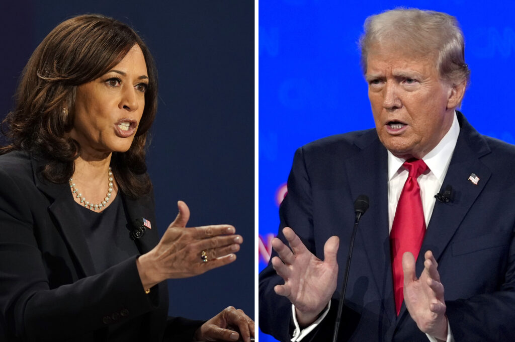 split screen on Kamala Harris and Donald Trump