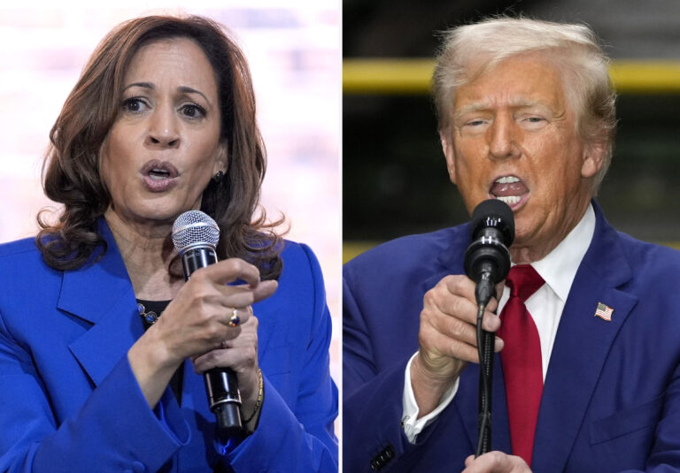 split screen of Kamala Harris and Donald Trump