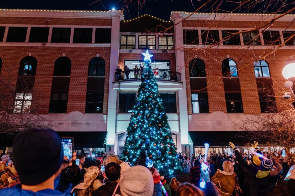 People surround a lit up tree in front of a building.