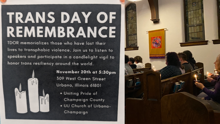 The left side of the image shows a black flyer with white text with information about the event. The right side shows the attendees siting in wooden pews, holding lit candles.