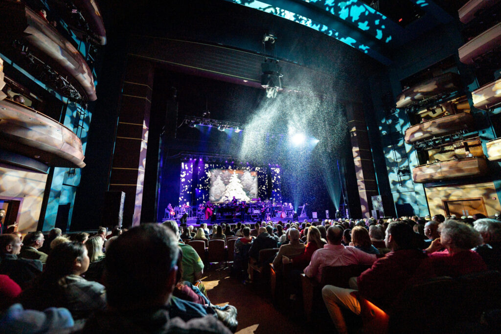 A large audience watches a performance in a theatre.