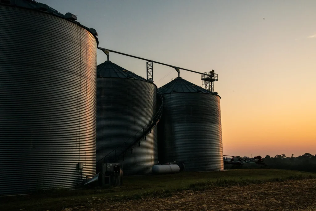 Grain bins reflect a rising or setting sun.