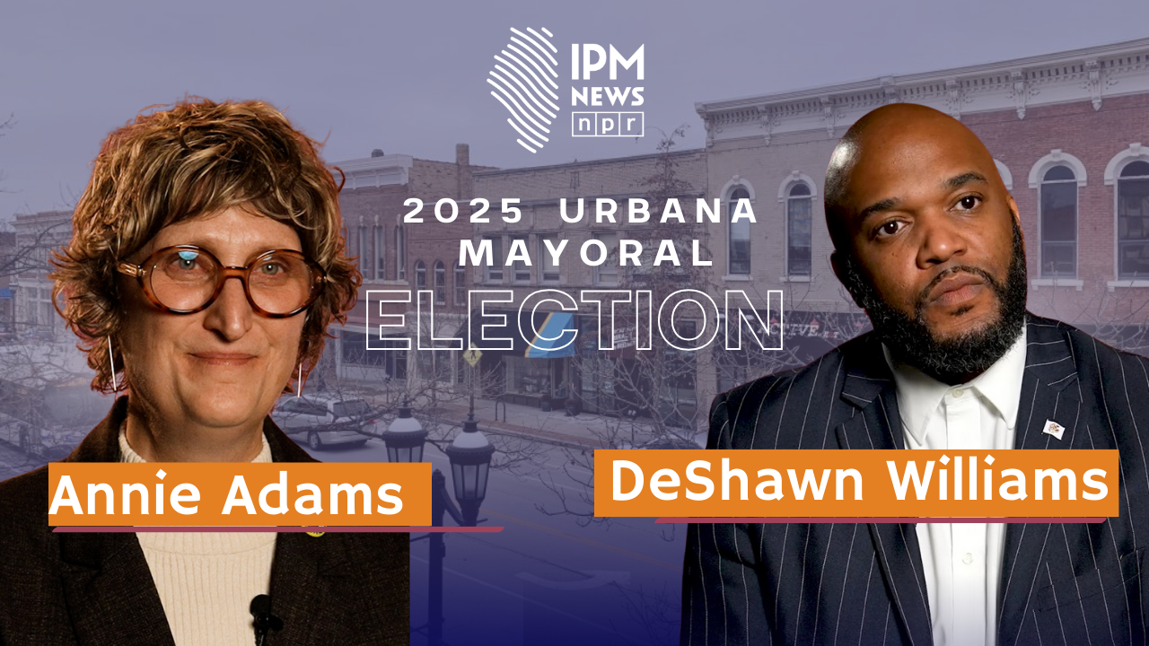 A graphic for the 2025 Urbana mayoral election features candidates Annie Adams and DeShawn Williams with the IPM News logo over a background of a street