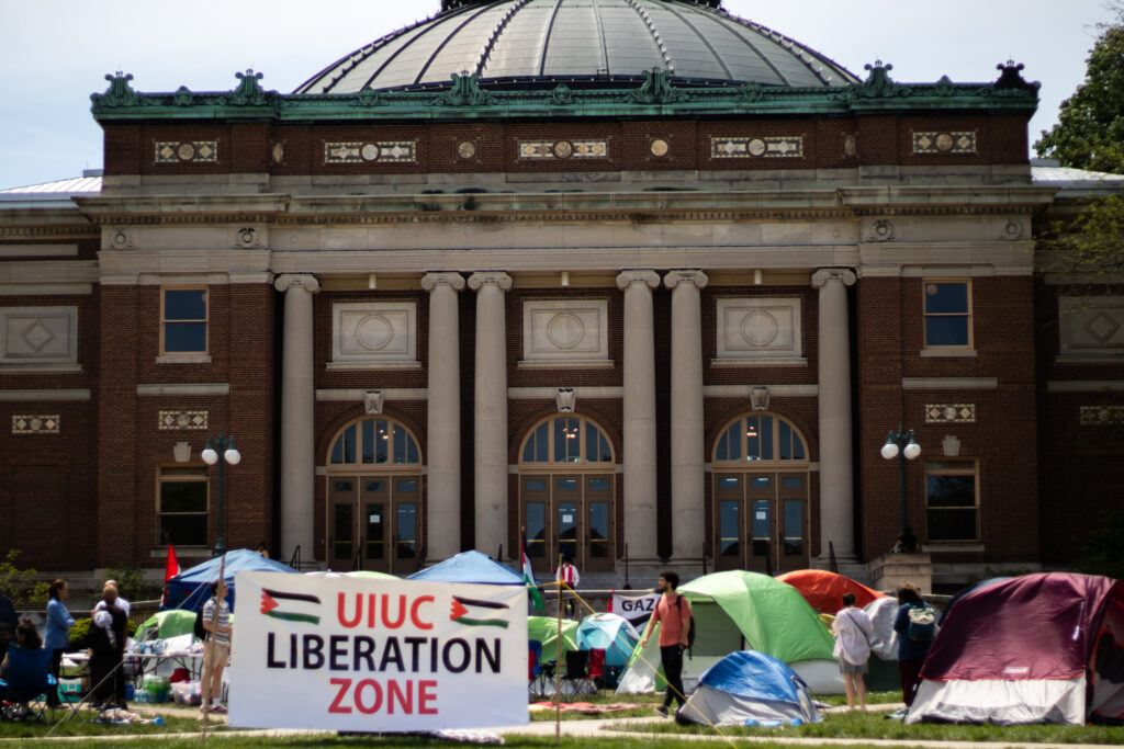 A Students for Justice in Palestine protester speaks at a rally for free speech on April 18, 2024.