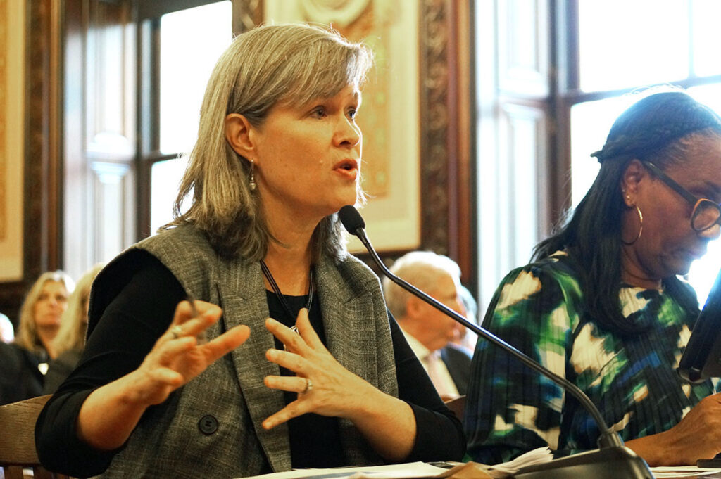 Robin Steans, left, executive director of Advance Illinois, testifies in favor of a bill to overhaul funding of public universities during a Senate committee hearing Wednesday, April 30, 2025.