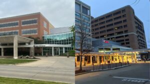 A collage of two hospitals, OSF Heart of Mary Medical Center on the left and Carle Foundation Hospital on the right.