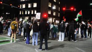 It's dark out. About 50 protesters are visible within the frame. They are wearing masks and have their hoods up.