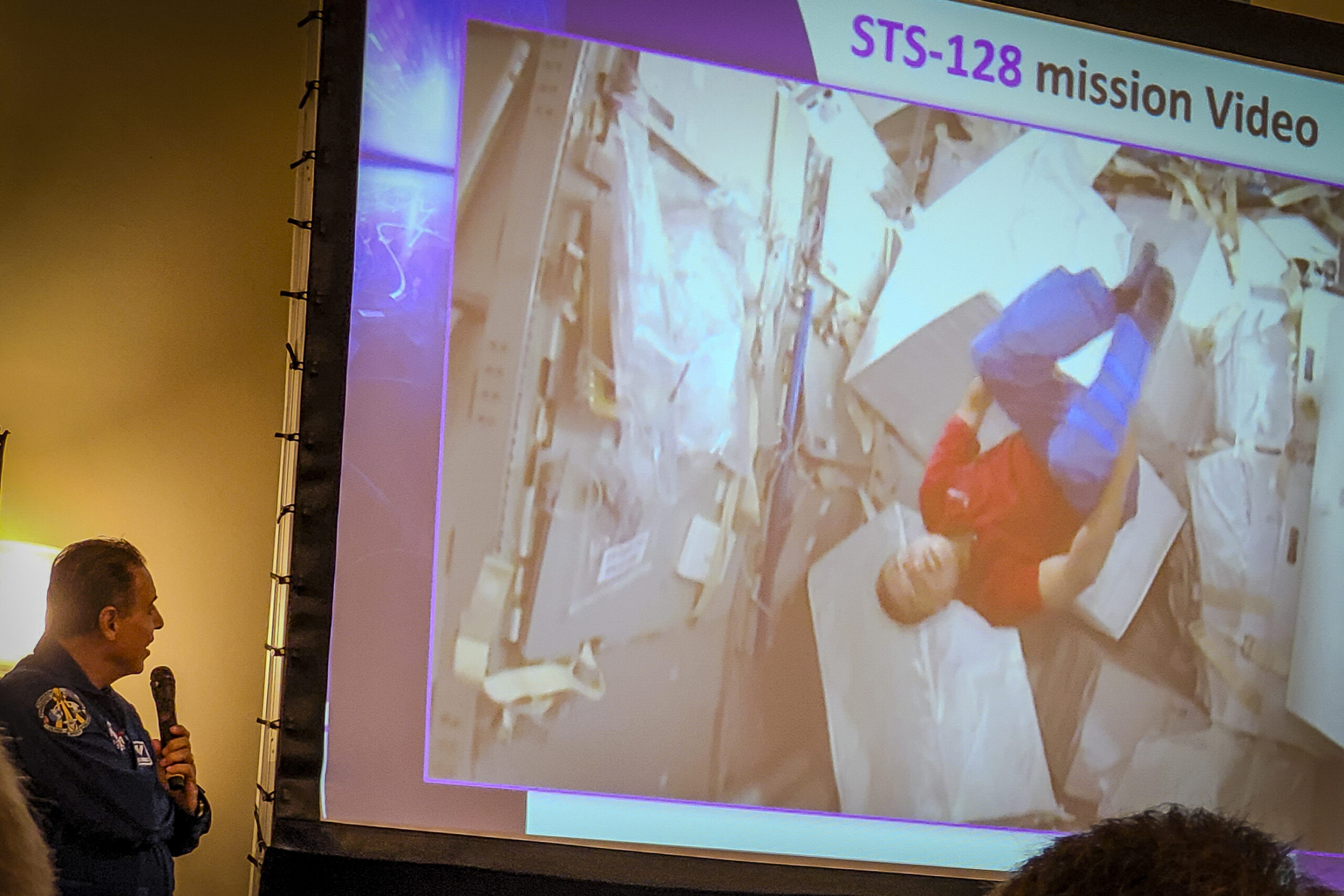 Former NASA astronaut José Hernández presented a video from his time aboard the International Space Station for the STS-128 mission in 2009 to an audience of