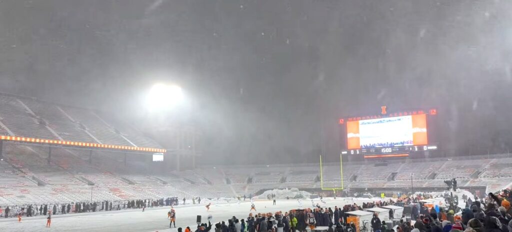 snowy football stadium