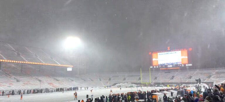 snowy football stadium