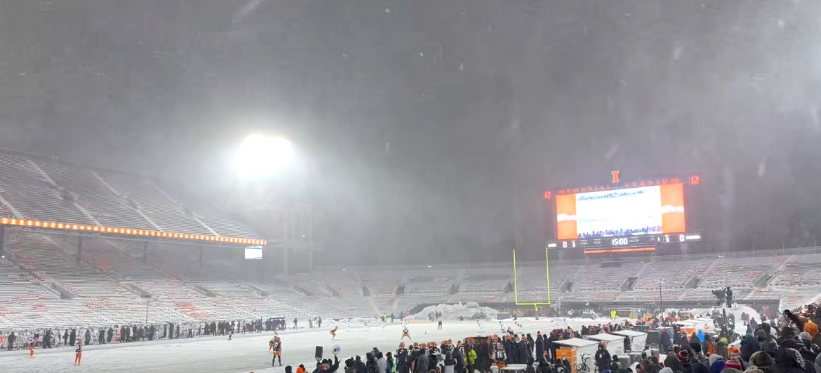 snowy football stadium