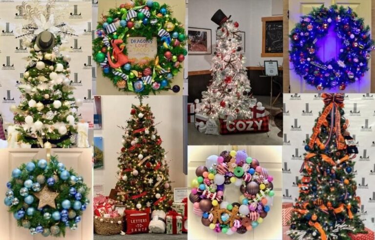 Eight total pictures of decorated trees and wreaths.