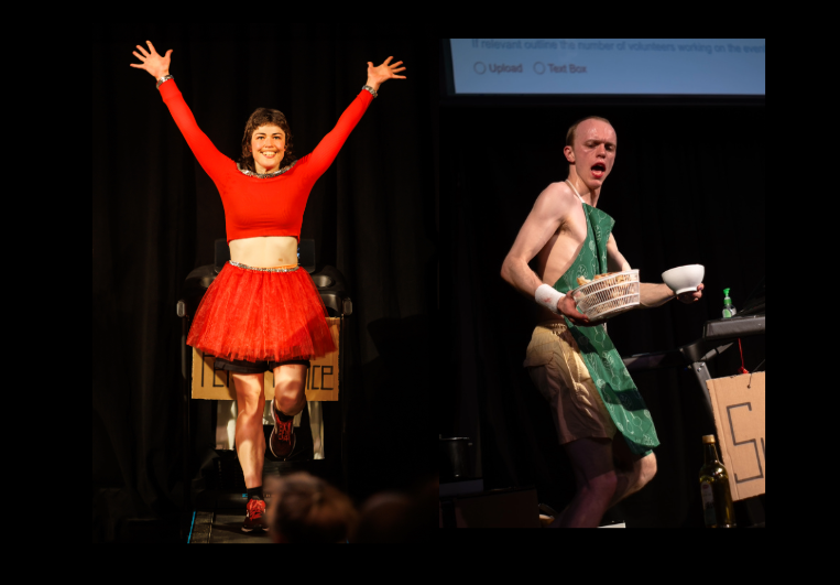 Two photos, side by side. A woman is turned around on a treadmill with her arms up in the air. A man wearing an apron is holding a basket of food while on a treadmill.