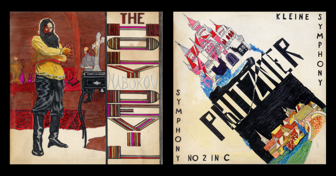 Two album covers. One man standing in a room looking near a table. One castle above a dark sky and a town.