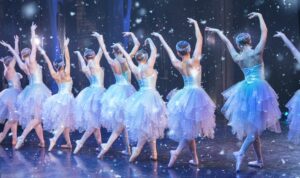 A line of ballerinas dancing on a stage