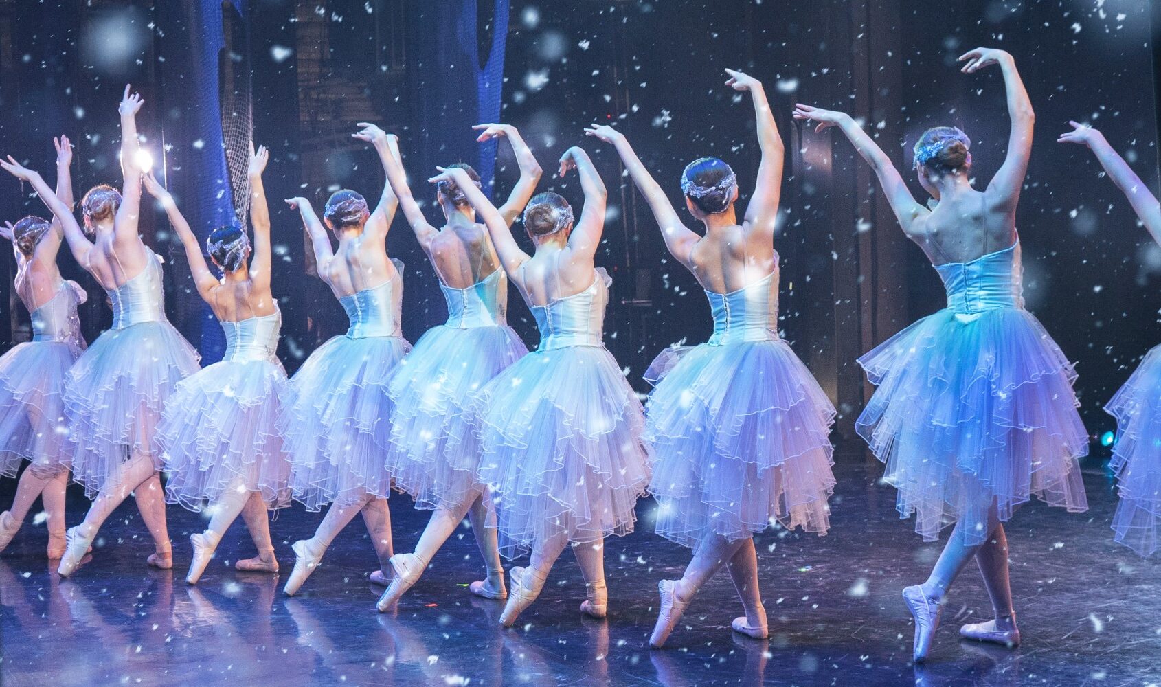 A line of ballerinas dancing on a stage