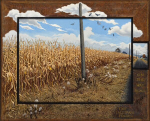 An oil painting depicting a dry cornfield. Power lines line the field, and a small flock of birds sit on the power lines or fly in the blue sky overhead. Parts of the painting spread onto the wooden frame.