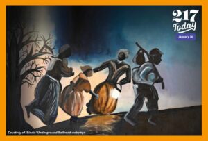 Artwork of four people traveling with a lantern and packs.