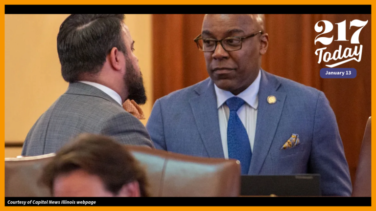 Two men in suits interact at a courthouse.