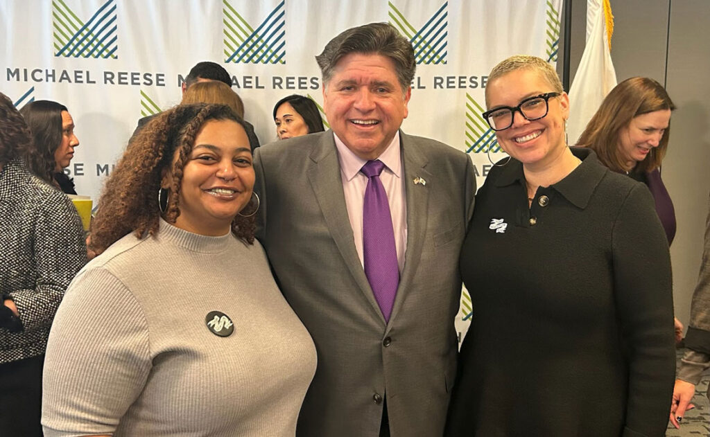 Qudsiyyah Shariyf, Megan Jeyifo, and Gov. JB Pritzker 