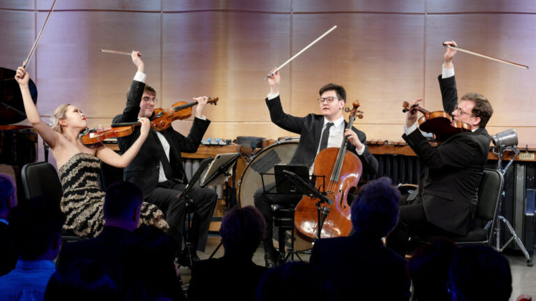 Four musicians play stringed instruments on a stage.