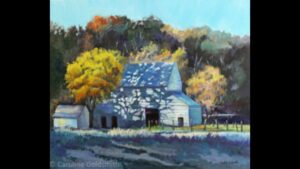 A painting of a barn, trees, and fencing.