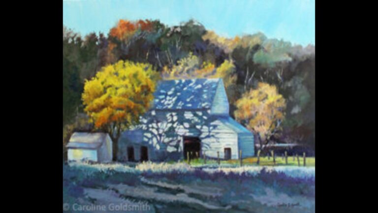 A painting of a barn, trees, and fencing.