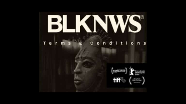 A movie poster with the face of a statue and award listings