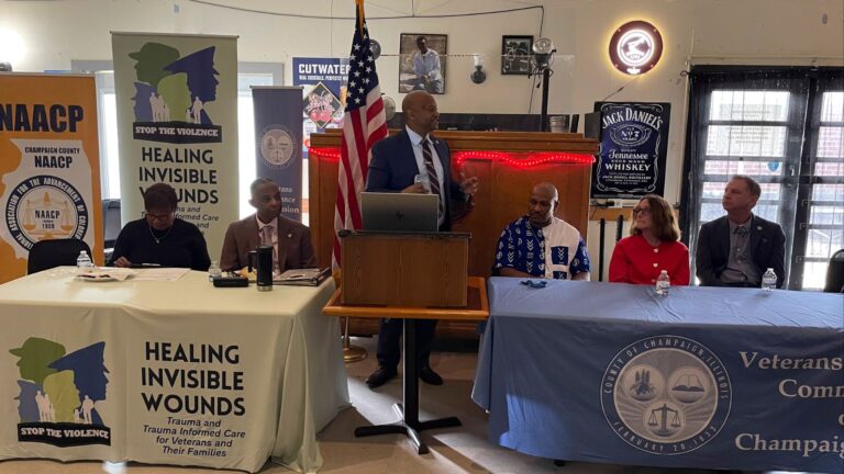 Champaign Police Chief Timothy Tyler speaks on the legacy of Black veterans at American Legion Post 559 in Urbana on Saturday, Feb. 28, 2026. The event, “Standing on the Shoulders of Giants: Honoring Our Veterans Service, Sacrifice and Legacy,” was organized by Healing Invisible Wounds, the NAACP Champaign County Branch and the Champaign County Veterans Assistance Commission.