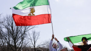 A person waves a flag that is green, white and red and shows a lion and a sun.