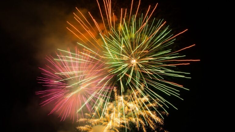 Multi-colored fireworks burst against a black sky.