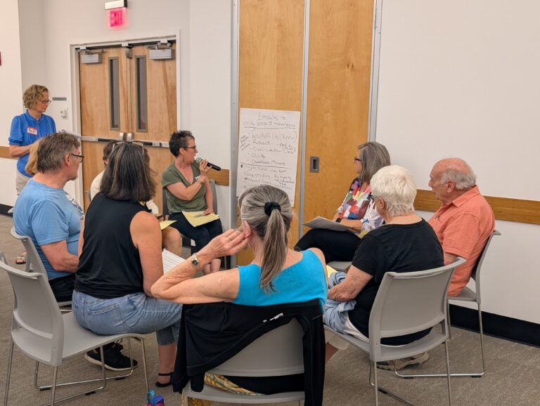 A group of people sit in chairs in a semi circle against a wall. They look at a big piece of white paper hanging on the wall. A woman to the left of the paper speaks into a microphone.