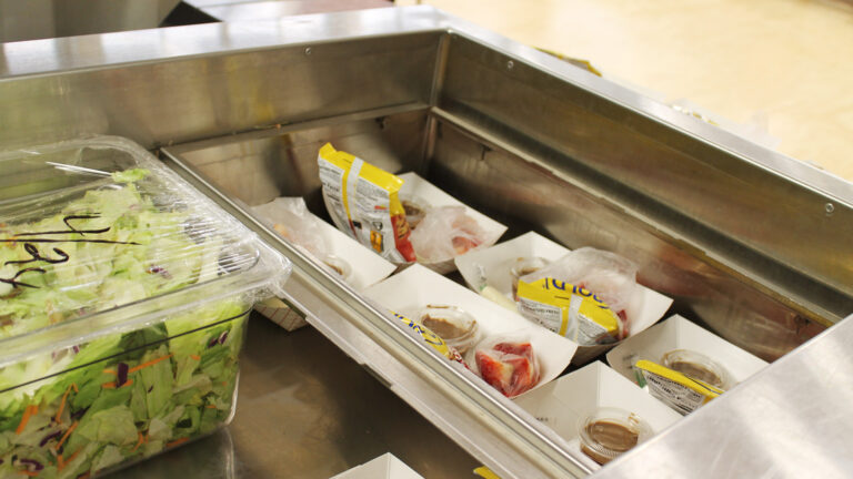 This is a generic school lunch photo from an elementary school in Urbana, IL. It shows six boxes with pretzels and chocolate dip, as well as a tub of salad.