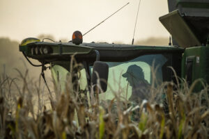 A man wearing a baseball hat sits inside a green piece of farm equipment in a corn field.