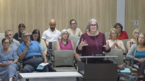 Several people sit in a board meeting room, and one woman stands at a microphone in front of the people sitting.