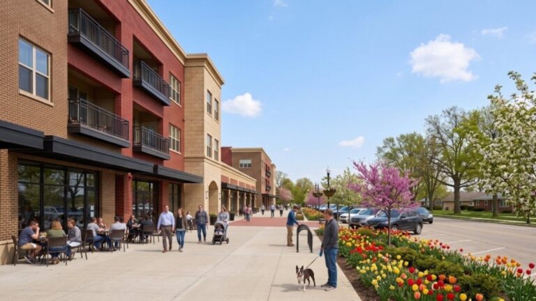 A sidewalk shows people walking, sitting at tables together, and going about their day. Next to them is a mixed-use building with shops and housing.