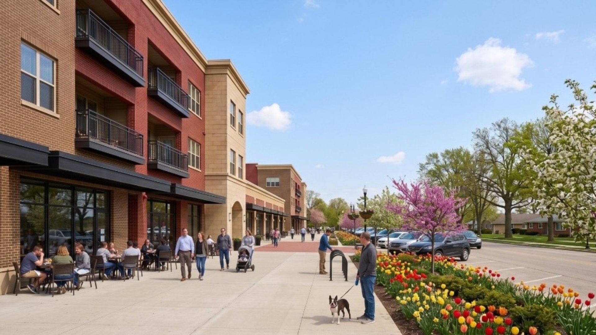 A sidewalk shows people walking, sitting at tables together, and going about their day. Next to them is a mixed-use building with shops and housing.