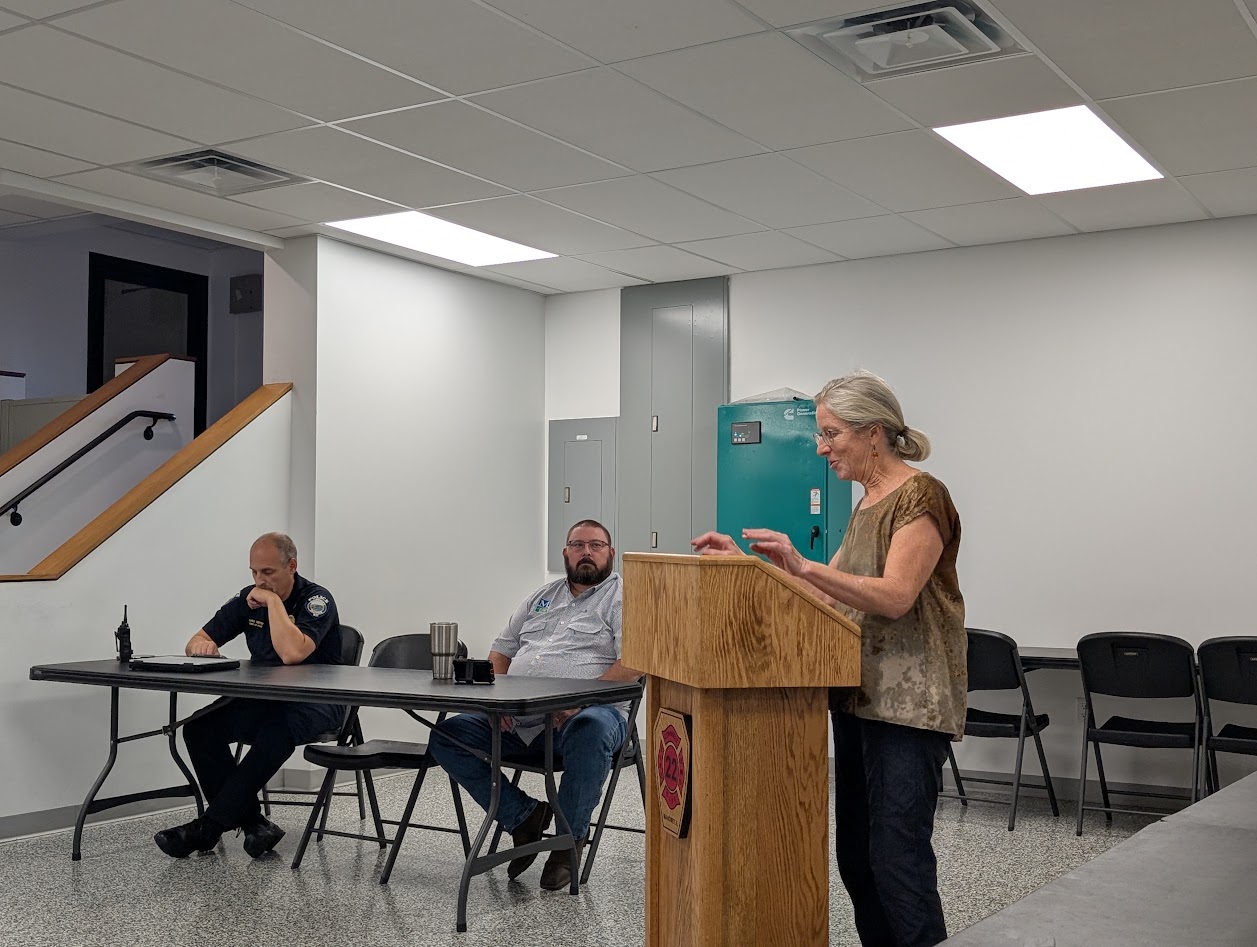 To the right, a woman stands behind a wooden podium. To the left, two men sit behind a folding table.